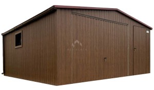 Garaż blaszany 5x5m - Brama uchylna - drzwi - okno - ciemny orzech - drewnopodobny - rynny - dach dwuspadowy NB378