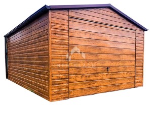 Garaż Blaszany 4x5m Brama Uchylna - Drzwi - Rynny - Drewnopodobny - jasny orzech - Dach Dwuspadowy NB94
