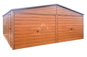 Garaż Blaszany 6x6m - 2x Brama Uchylna - Drzwi - Drewnopodobny - złoty dąb - Dach Dwuspadowy NB102