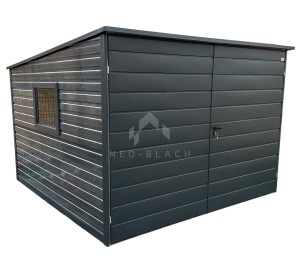 Schowek - Domek Ogrodowy 3x3m - Brama Dwuskrzydłowa - Okno - Antracyt - Spad w Tył NB103