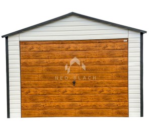 Garaż Blaszany 4x6m Brama Uchylna - Drzwi - Biały - Drewnopodobny Dach Dwuspadowy  NB104