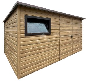 Domek ogrodowy 4x3m - brama dwuskrzydłowa - okno - winchester - drewnopodobny - dach spad w tył NB500