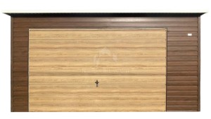 Garaż blaszany 4,5x6 m - brama uchylna - drzwi - 2x okno - ciemny orzech - winchester - drewnopodobny - rynna - dach spad w tył NB503