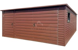 Garaż blaszany 5x5 m - brama dwuskrzydłowa - drzwi - okno - ciemny brąz - dach spad w tył NB508