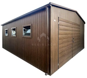 Garaż blaszany 5x6 m - brama dwuskrzydłowa - drzwi - 5x okno - ciemny orzech - drewnopodobny - rynny - dach dwuspadowy NB512
