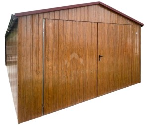 Garaż blaszany 5x6m - brama dwuskrzydłowa - jasny orzech - drewnopodobny - dach dwuspadowy - rynny NB516
