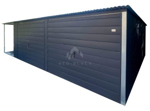 Garaż blaszany 6,5x5m + wiata 2x5m - 2x brama uchylna - antracyt - dach spad w tył - rynna NB518