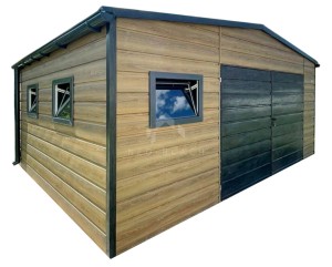 Garaż blaszany 6x5m - brama dwuskrzydłowa - 3x okno - winchester - drewnopodobny - dach dwuspadowy - rynny NB519