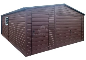 Garaż blaszany 6x6 m - brama uchylna - drzwi - okno - ciemny brąz - dach dwuspadowy - rynny NB522