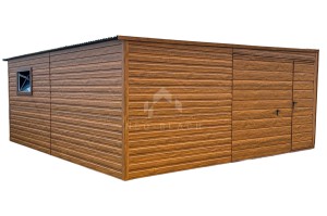 Garaż Blaszany 6x6m Brama Uchylna - Drzwi - Okno - Jasny Orzech - Drewnopodobny - Dach Spad w Bok NB111