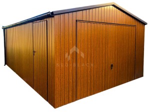 Garaż Blaszany 4x6m - Brama Uchylna - Drzwi - Złoty Dąb - Drewnopodobny - Rynny - Dach Dwuspadowy NB115