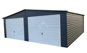 Garaż Blaszany 7,5x6m 2x Brama uchylna - Drzwi - Anytracyt - Biały - Rynny -  dach dwuspadowy NB139