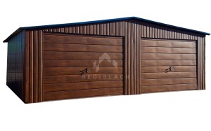 Garaż Blaszany 7,5x6m - 2x Brama Uchylna - Ciemny Orzech - Drewnopodobny - Dach Dwuspadowy NB140