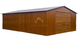 Garaż Blaszany 6x8m Brama Uchylna - drzwi - Złoty Dąb - Drewnopodobny - Dach Dwuspadowy NB141