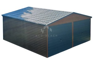 Garaż Blaszany 6x7m 2x Brama Uchylna - drzwi - Okno - Złoty Dąb - Drewnopodobny - Rynny - Blachodachówka - Dach Dwuspadowy NB142