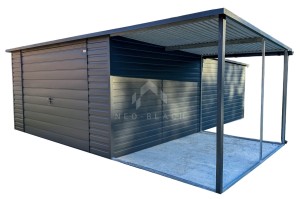 Garaż Blaszany 4x6m+ Wiata 2x3m - Brama Uchylna - Antracyt - Dach Spad w Tył NB146