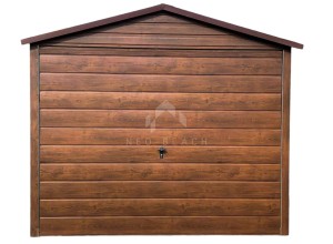 Garaż Blaszany 3x6m Brama Uchylna - Ciemny Orzech - Drewnopodobny - Dach Dwuspadowy NB148