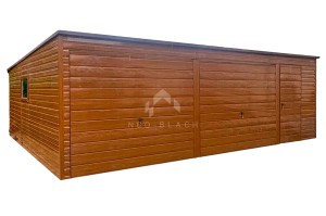 Garaż Blaszany 8x6m 2x Brama Uchylna - Drzwi - Okno - Złoty dąb - Drewnopodobny - Dach Spad w Tył  NB160