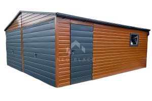 Garaż Blaszany 6x5m - 2x Bramy Uchylne - Drzwi - okno - Złoty Dąb - Drewnopodobny - Rynny - dach dwuspadowy NB187
