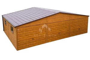 Garaż Blaszany 9x6m - 3x Brama Uchylna - Drzwi - 3x okno - Blachodachówka - Rynny - jasny Orzech - drewnopodobny - Dach Dwuspadowy NB189