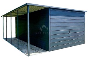 Garaż Blaszany 3x6m + wiata 1x6m - Brama Uchylna - Antracyt - Dach spad w tył NB192